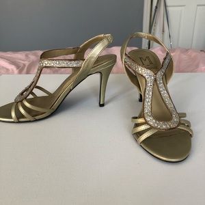 Gold rhinestone strappy heels